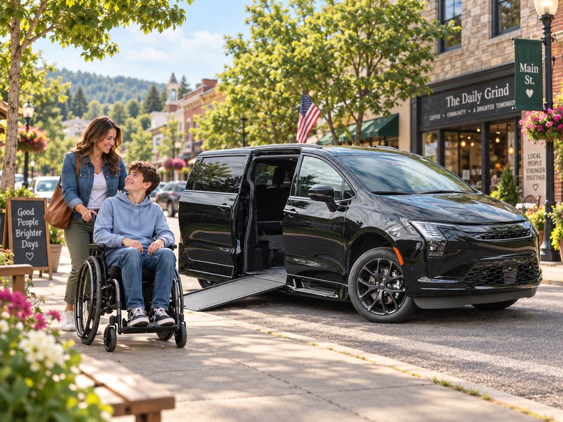 A mother and her teenage son, who uses a wheelchair, beside their accessible van on a downtown street